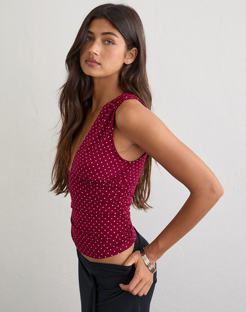 Lycia Plunge Top in Wine with Pink Micro Polka Print