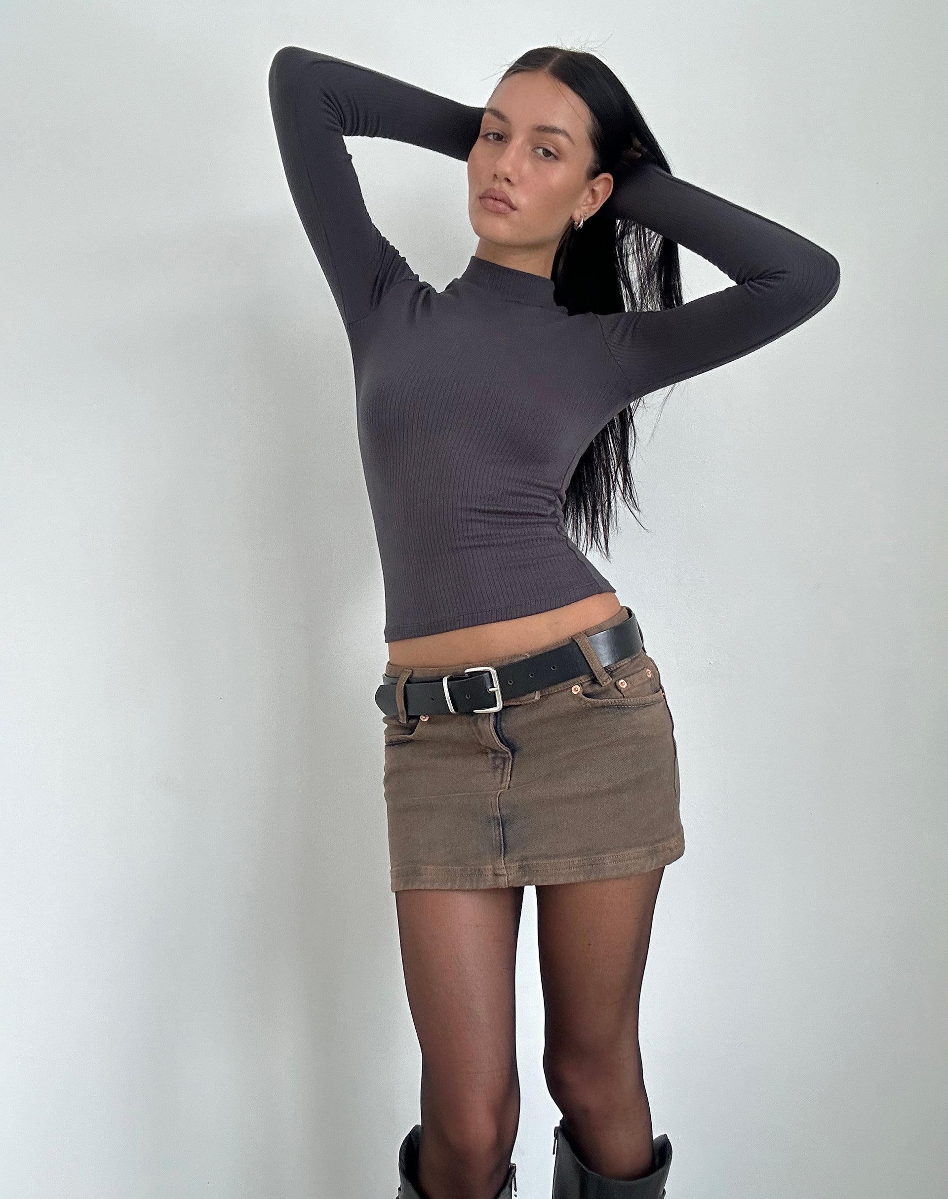Image of Mabel High Neck Long Sleeve Top in Rib Black Forest