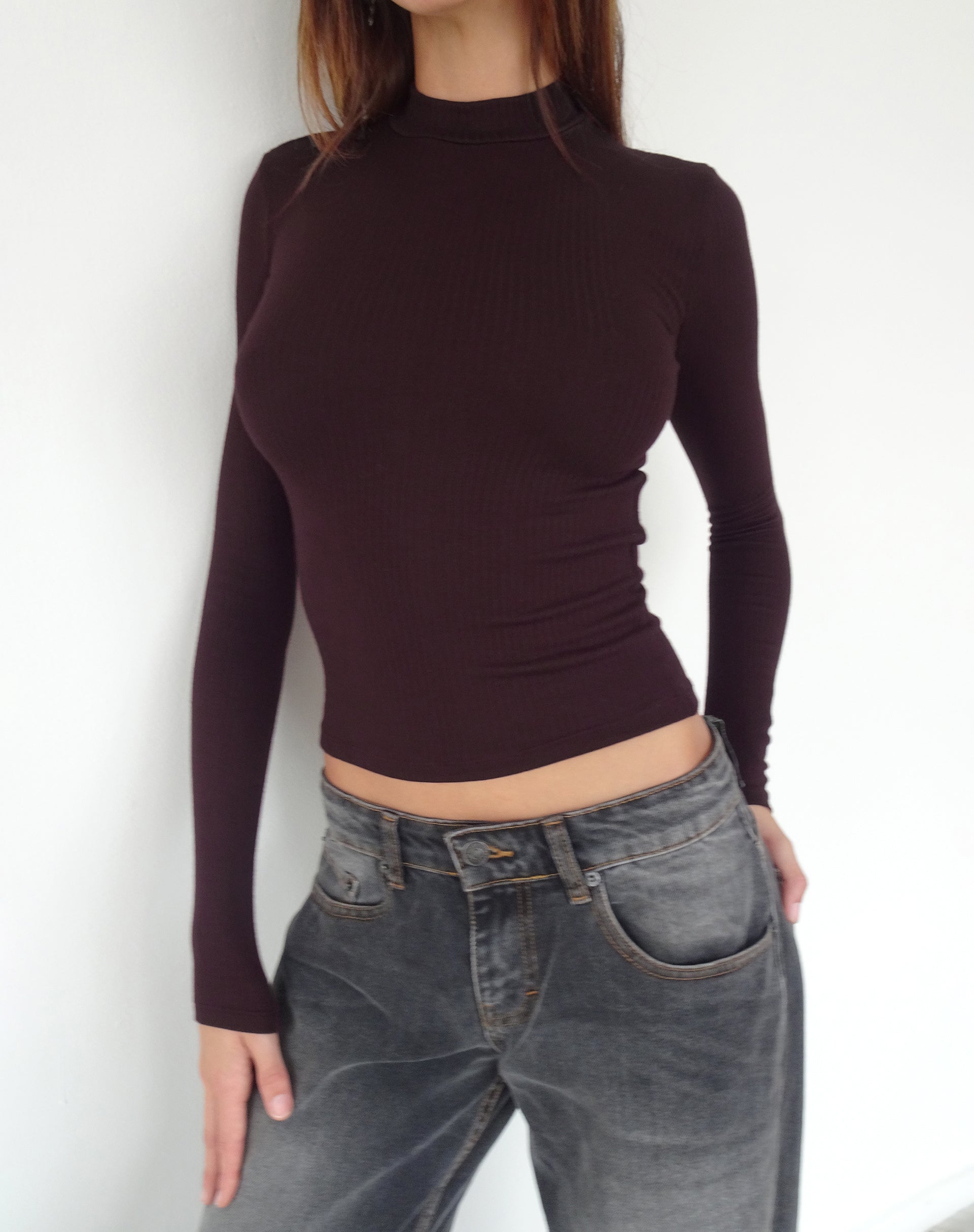 Image of Mabel High-Neck Long Sleeve Ribbed Top in Oxblood