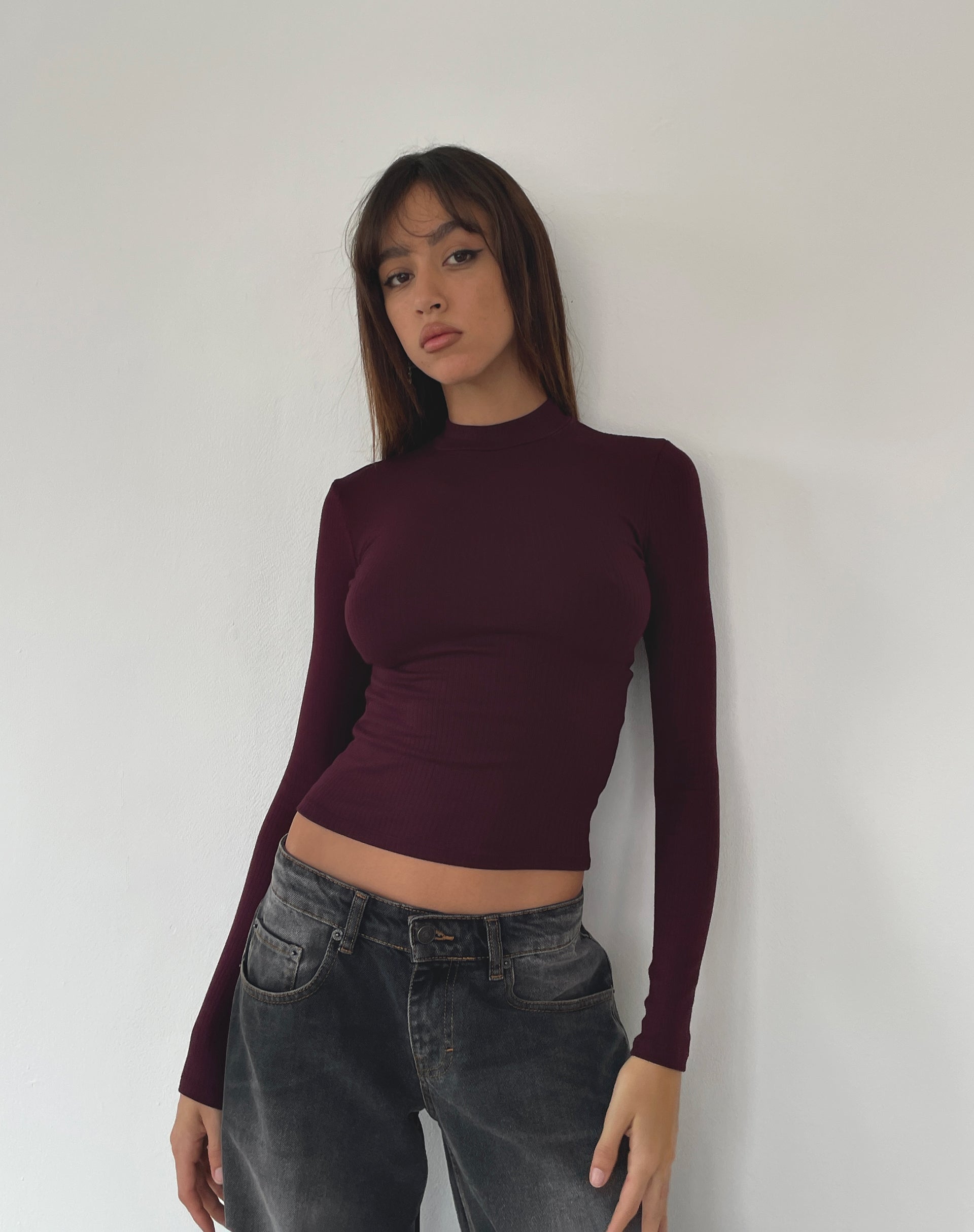 Image of Mabel High-Neck Long Sleeve Ribbed Top in Oxblood