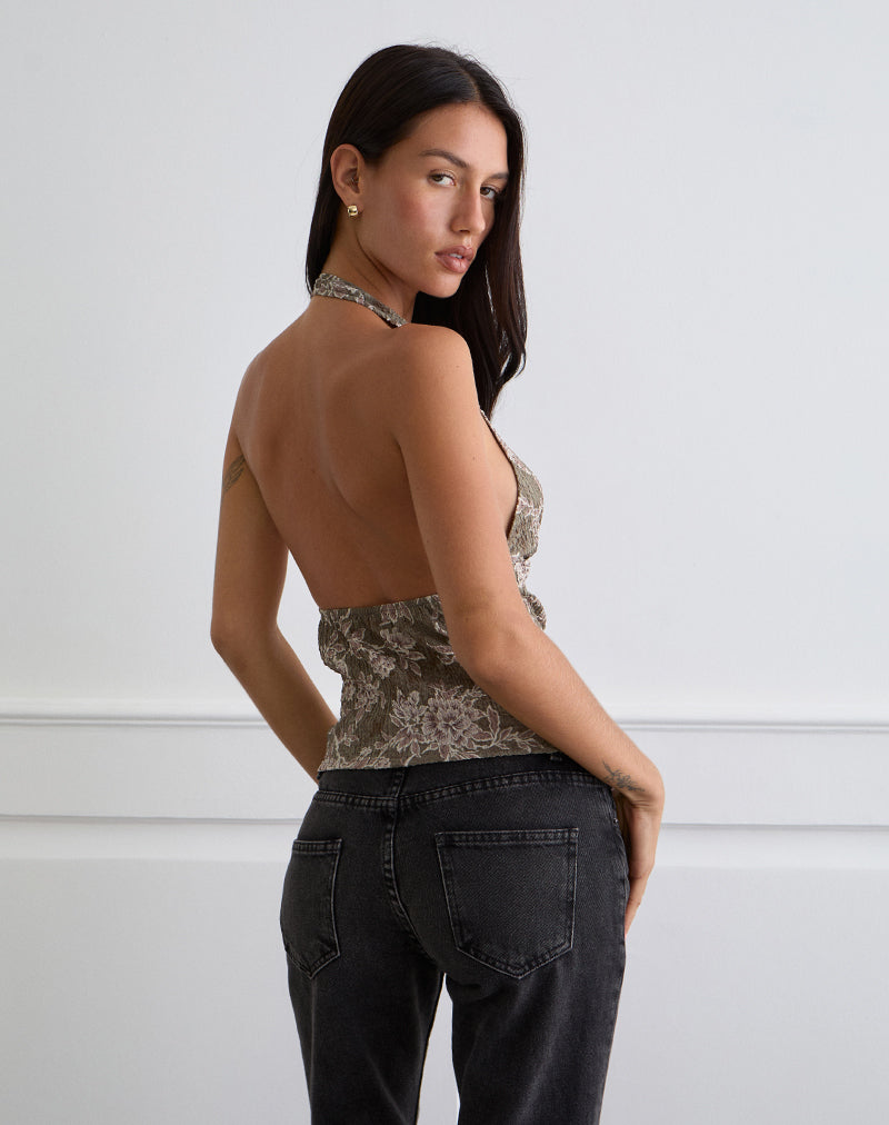 Image of Mabli Halterneck Top in Textured Woven Floral Green