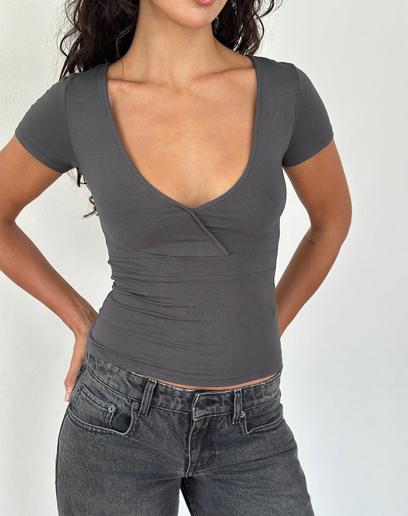 Machiko Plunge Wrap Top in Charcoal Grey