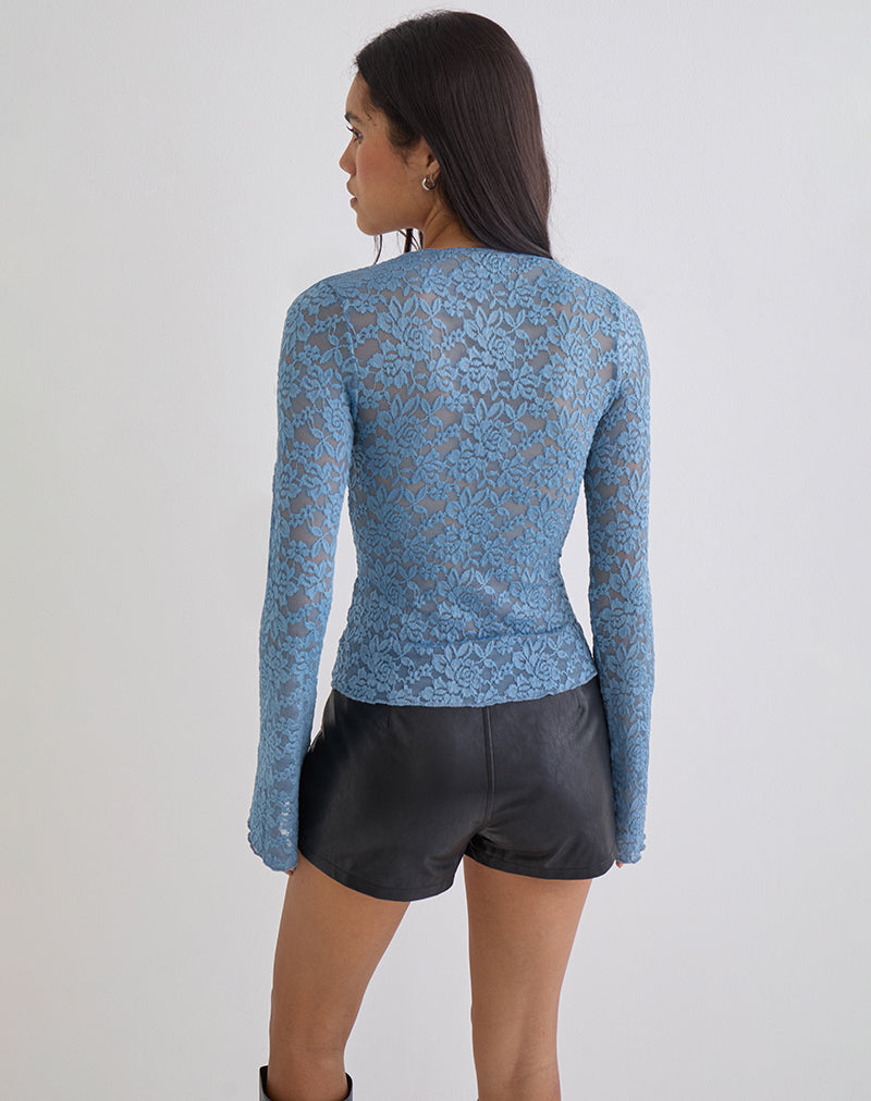 Dark Blue Lace Long Sleeve Deep Plunge Top | Mahota – motelrocks