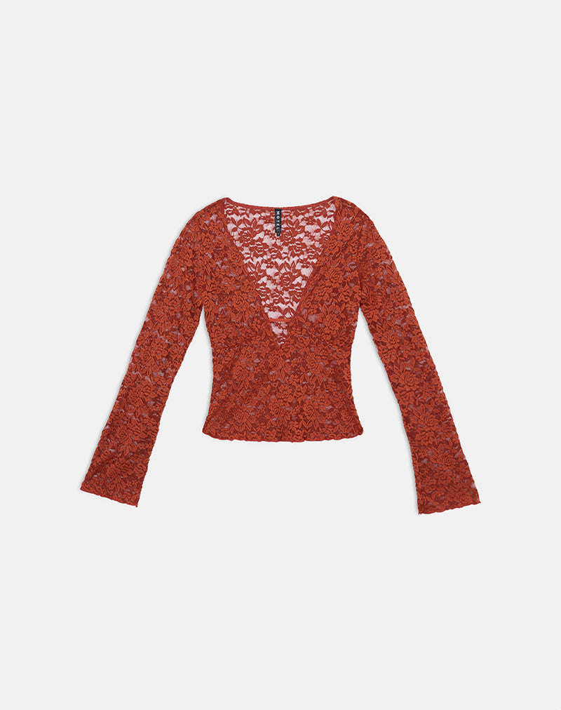 Red Brick Lace Mesh Deep Plunge Long Sleeve Top | Mahota