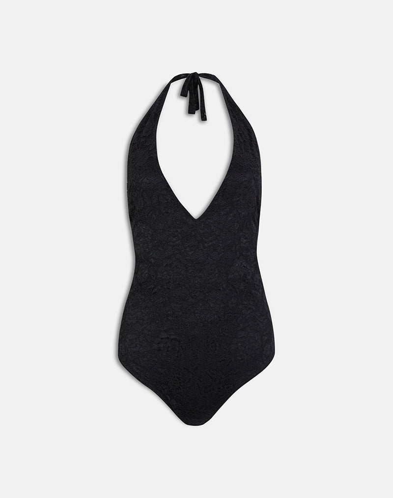 Maizy Halterneck Bodysuit in Black Floral Lace