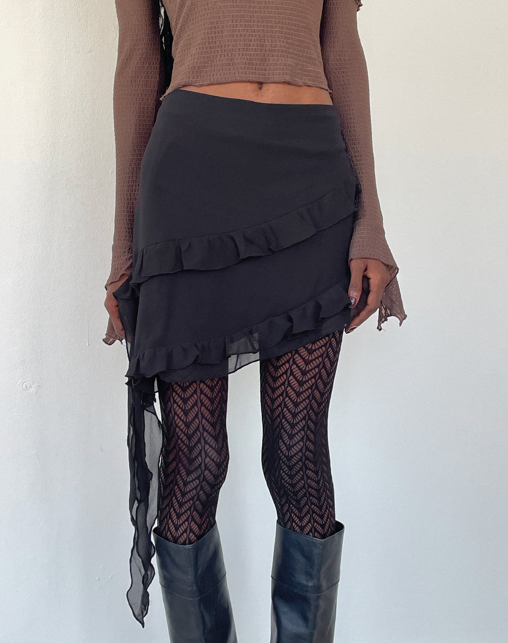 Malinna Ruffle Mini Skirt in Black Chiffon