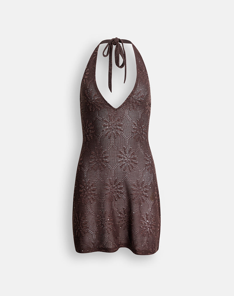 Image of Malvara Halterneck Mini Dress in Sequin Knit Brown