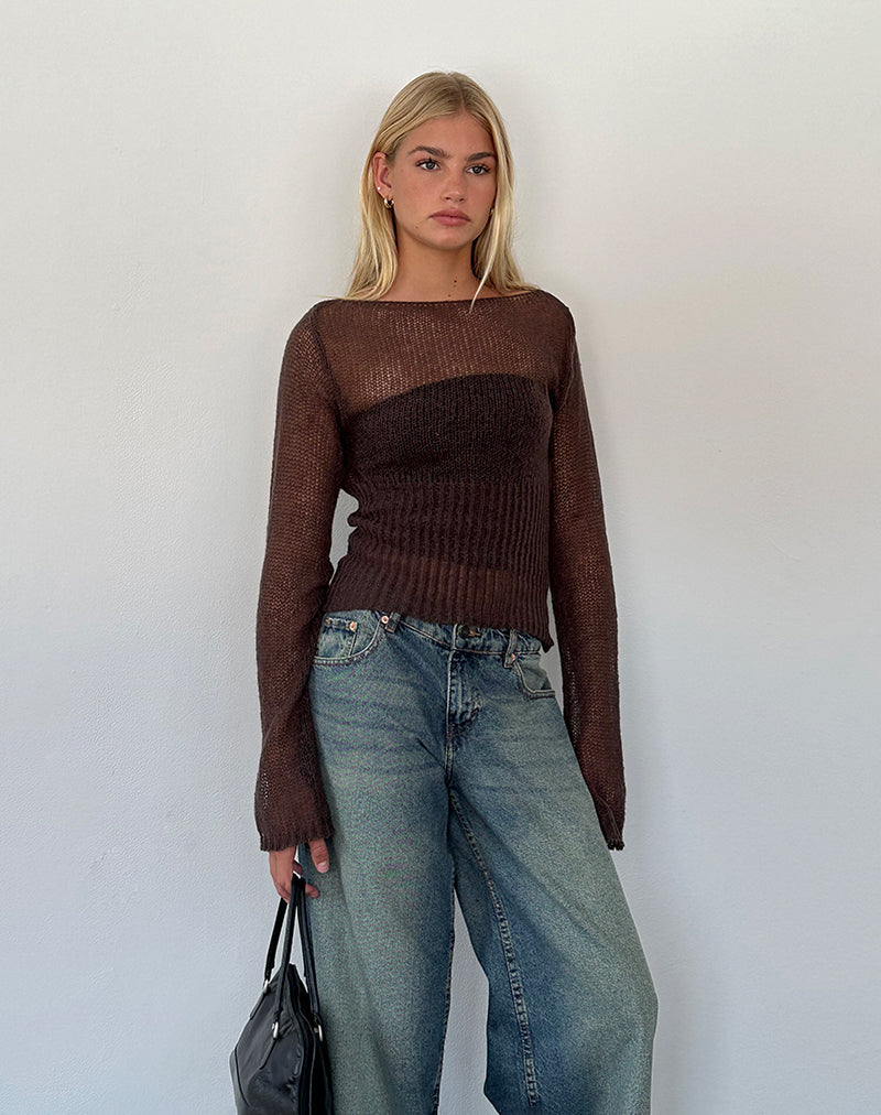 Manon Long Sleeve Sheer Knit Top in Chocolate Brown