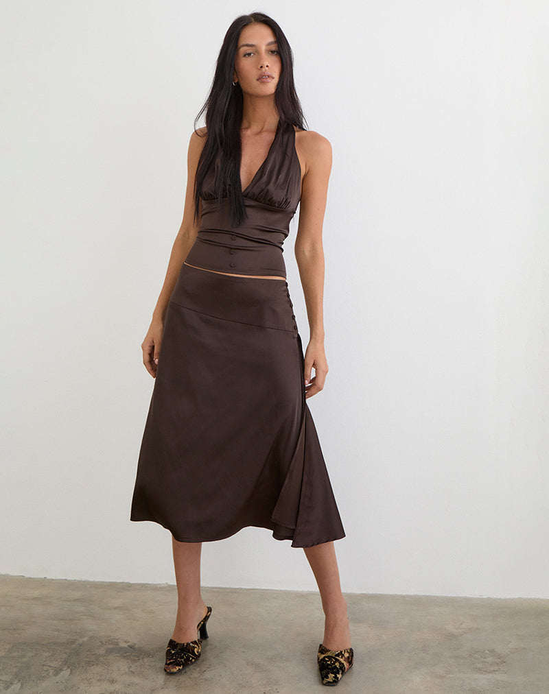 Image of Manyala Midi Skirt in Satin Dark Brown