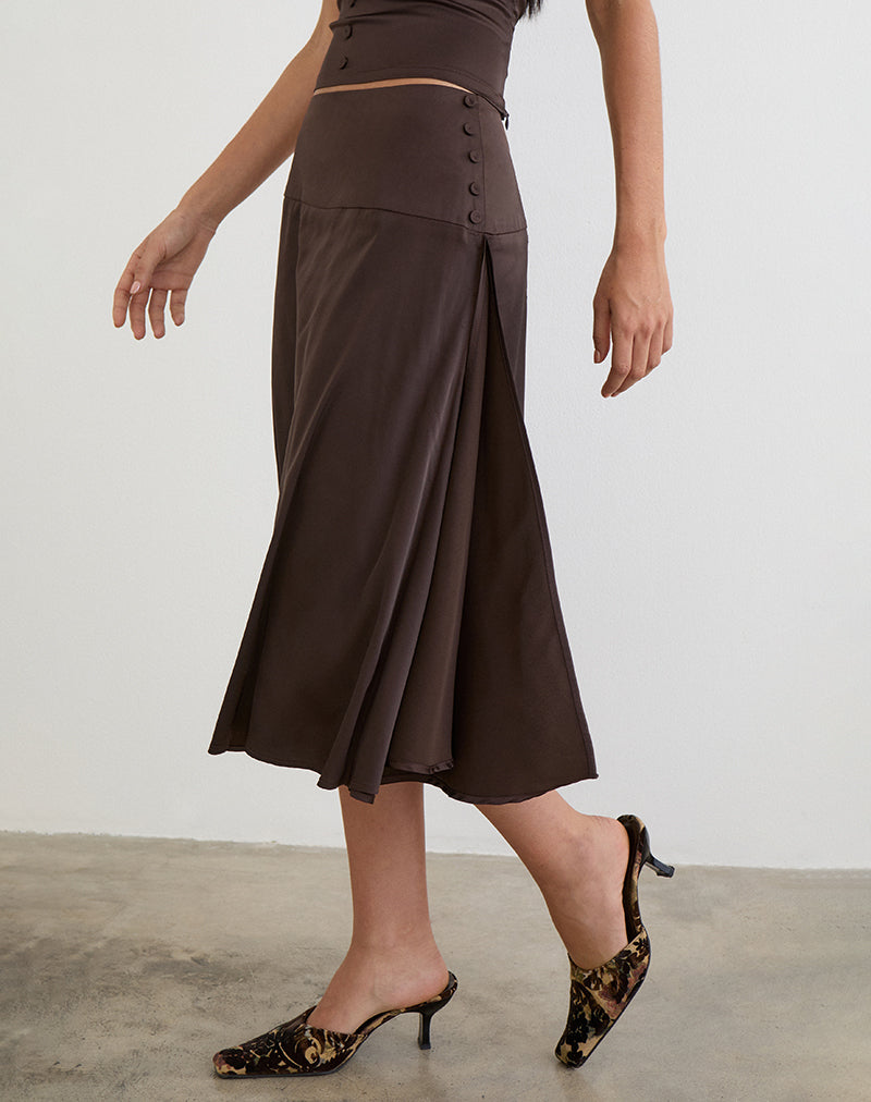 Image of Manyala Midi Skirt in Satin Dark Brown