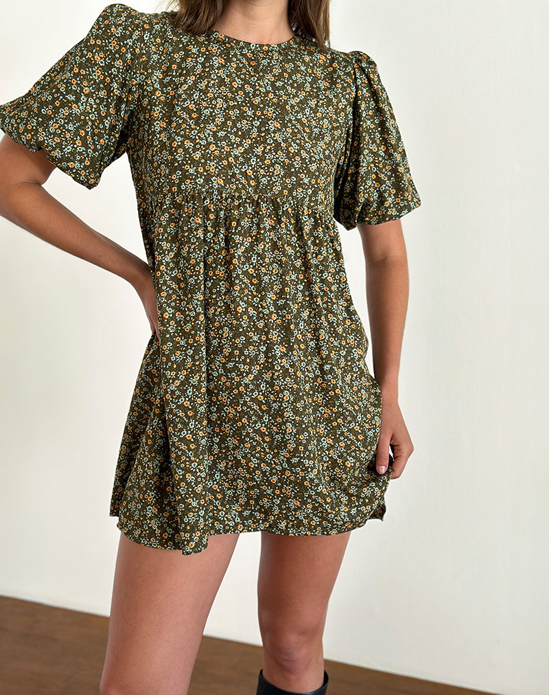 Marate Puff Sleeve Mini Dress in Grunge Floral Khaki, L Marate Puff Sleeve Mini Dress in Grunge Floral Khaki, L