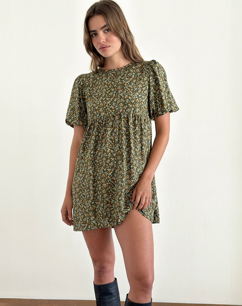 Marate Puff Sleeve Mini Dress in Grunge Floral Khaki, L Marate Puff Sleeve Mini Dress in Grunge Floral Khaki, L
