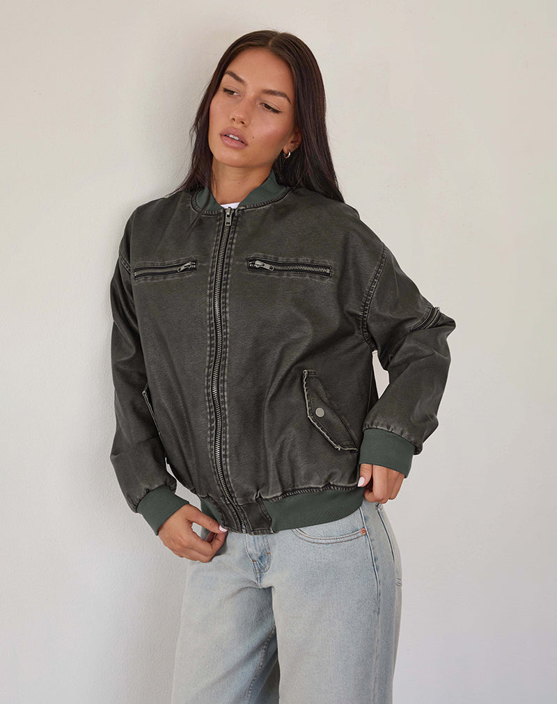 Image of Marco Distressed Bomber Jacket in PU Black