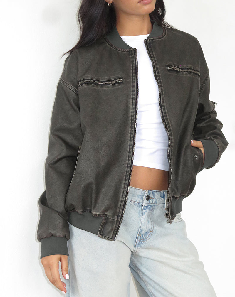 Image of Marco Distressed Bomber Jacket in PU Black