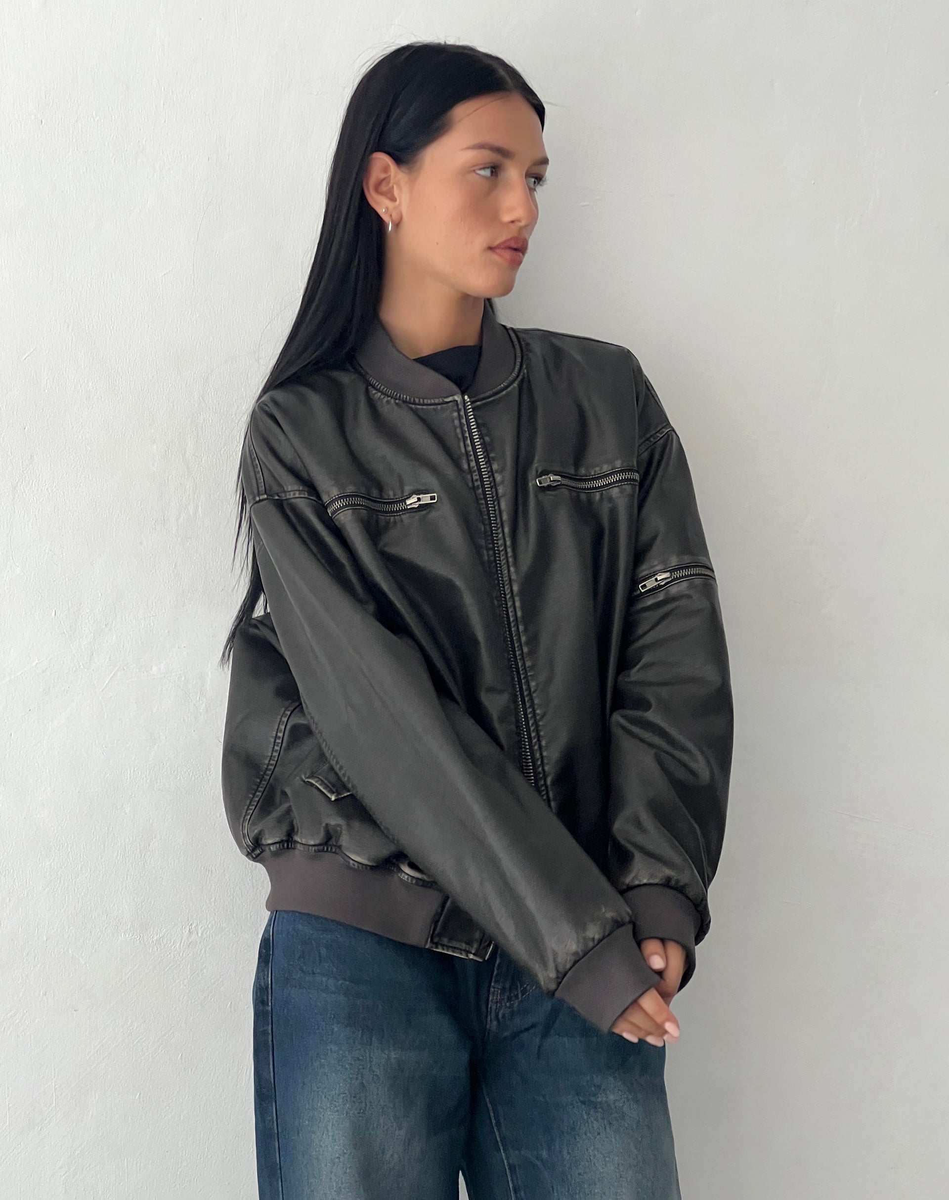 Marco Distressed Bomber Jacket in PU Black