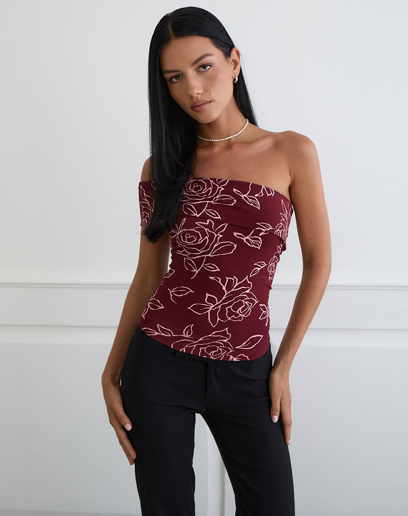 Image of Marga One Shoulder Top in Outline Rose Maroon