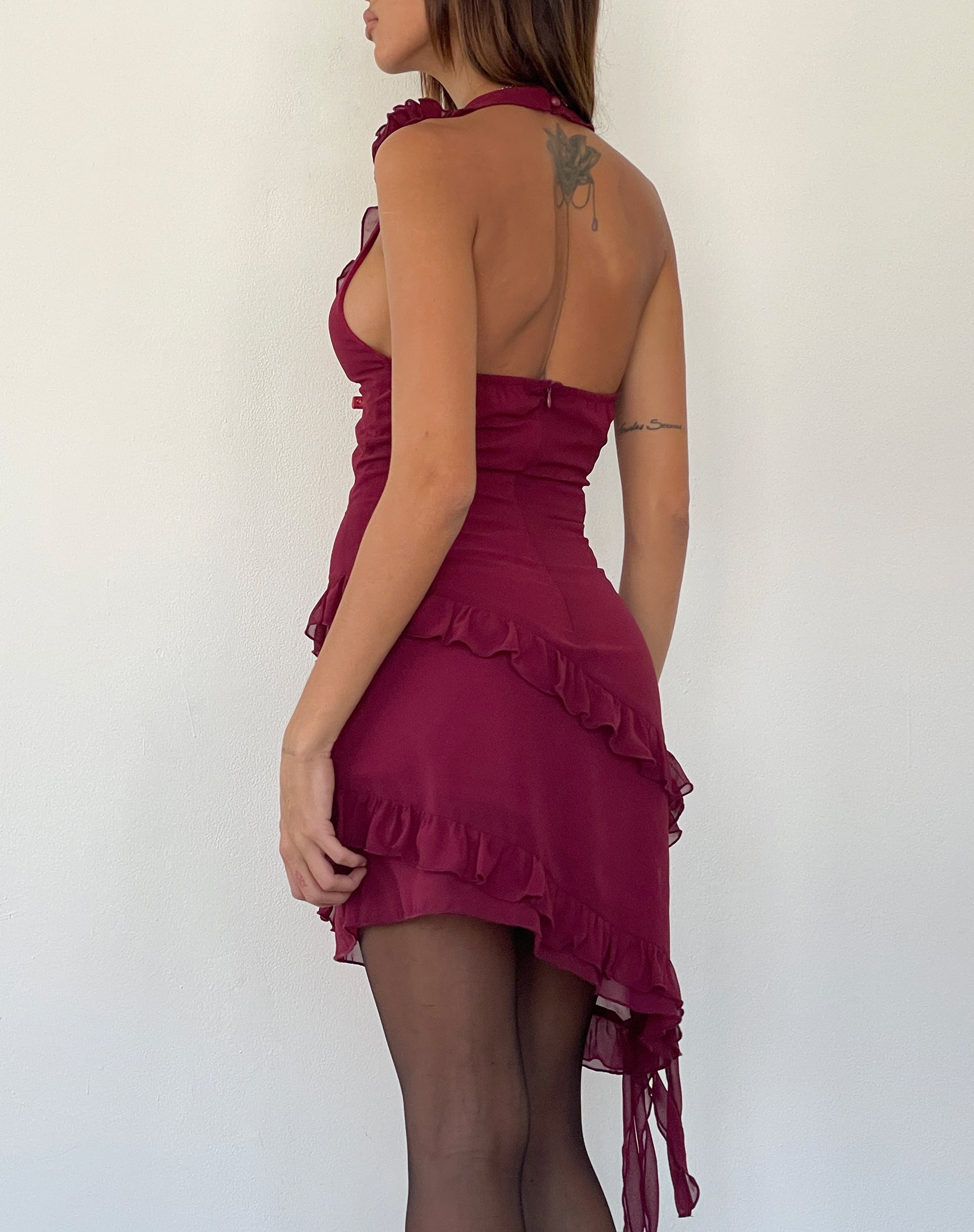 Plum Chiffon with Rosette Ruffle Mini Dress | Margaret motelrocks-com-us Plum Chiffon with Rosette Ruffle Mini Dress | Margaret motelrocks-com-us