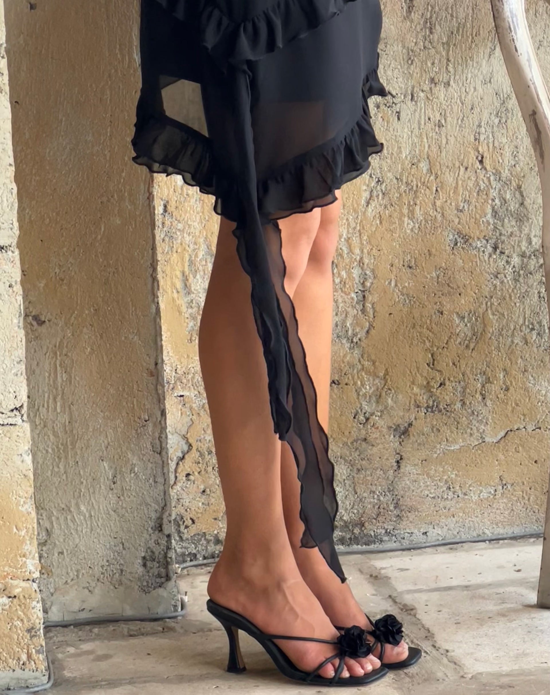 Black Chiffon with Rosette Mini Ruffle Dress | Margaret motelrocks-com-us Black Chiffon with Rosette Mini Ruffle Dress | Margaret motelrocks-com-us