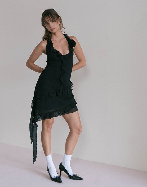 Black Chiffon with Rosette Mini Ruffle Dress | Margaret motelrocks-com-us Black Chiffon with Rosette Mini Ruffle Dress | Margaret motelrocks-com-us