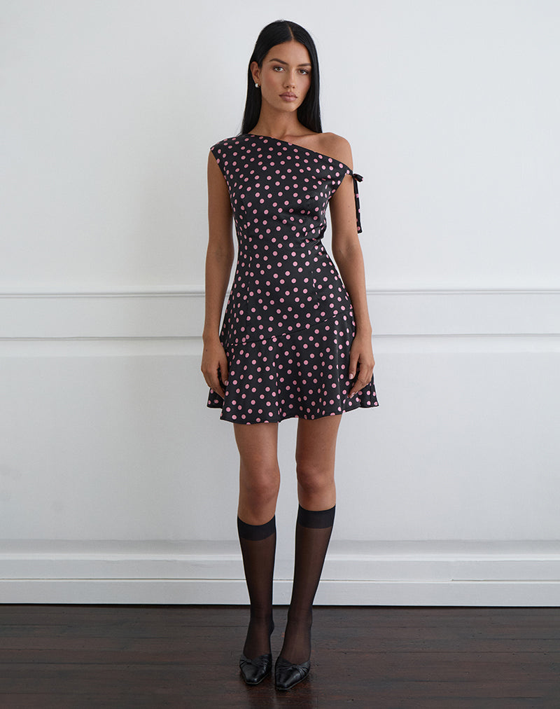 Maribel Mini Dress in Black Satin Scattered with Pink Polka