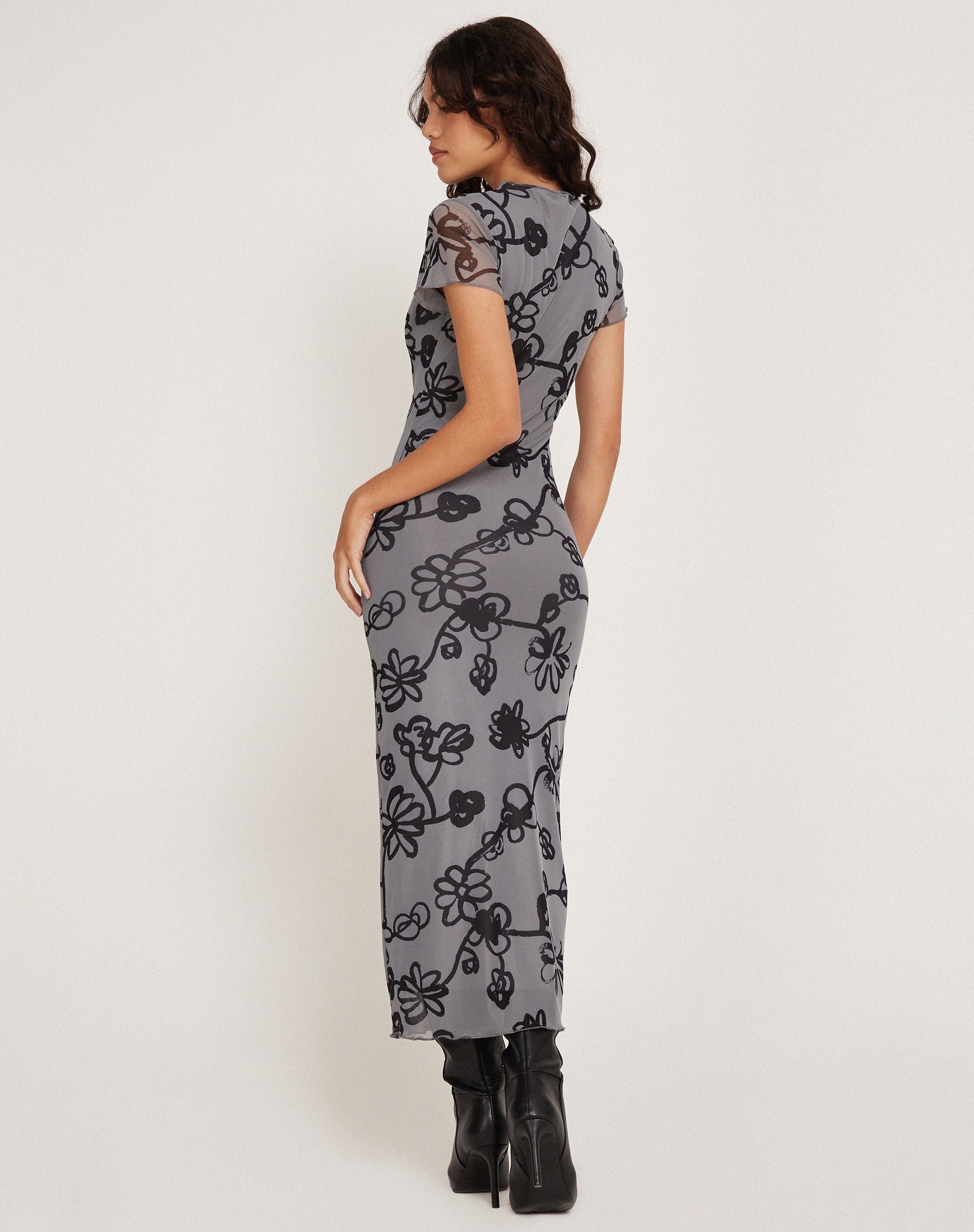 grey dress with flowers Petal Edged Flowers Dress in Dark Grey