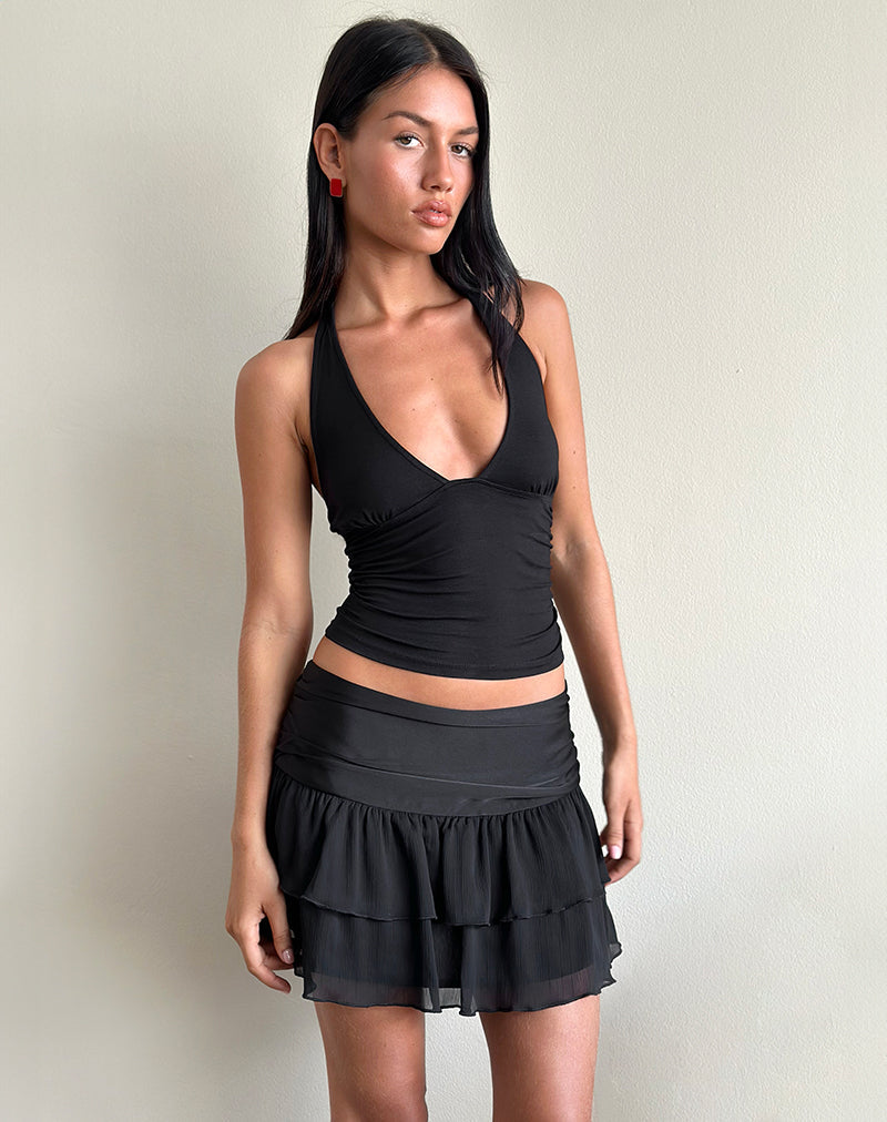 Masama Frill Mini Skirt in Black Satin and Chiffon