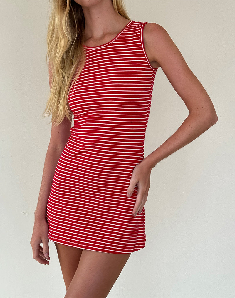 Masha Mini Dress in Red and White Stripe Jersey , Crew Neck Masha Mini Dress in Red and White Stripe Jersey , Crew Neck