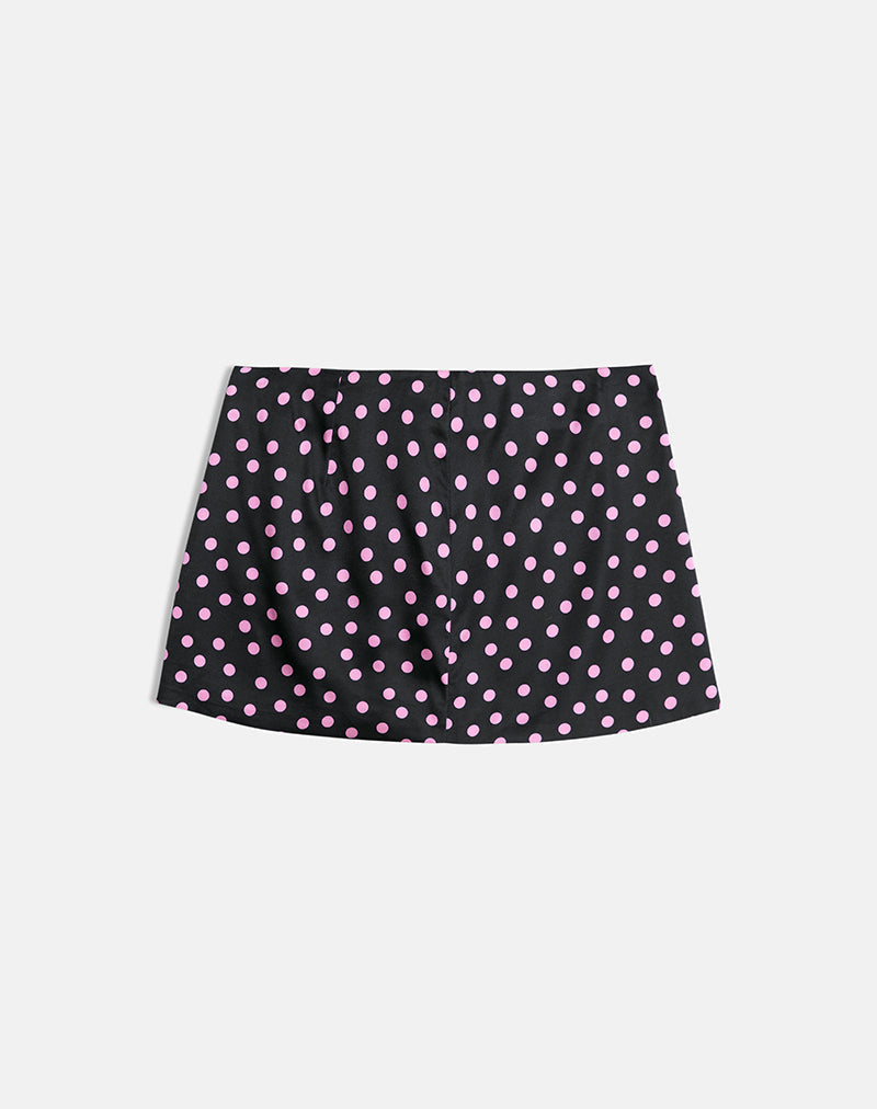 Image of Maula Mini Skirt in Black Satin Scattered with Pink Polka
