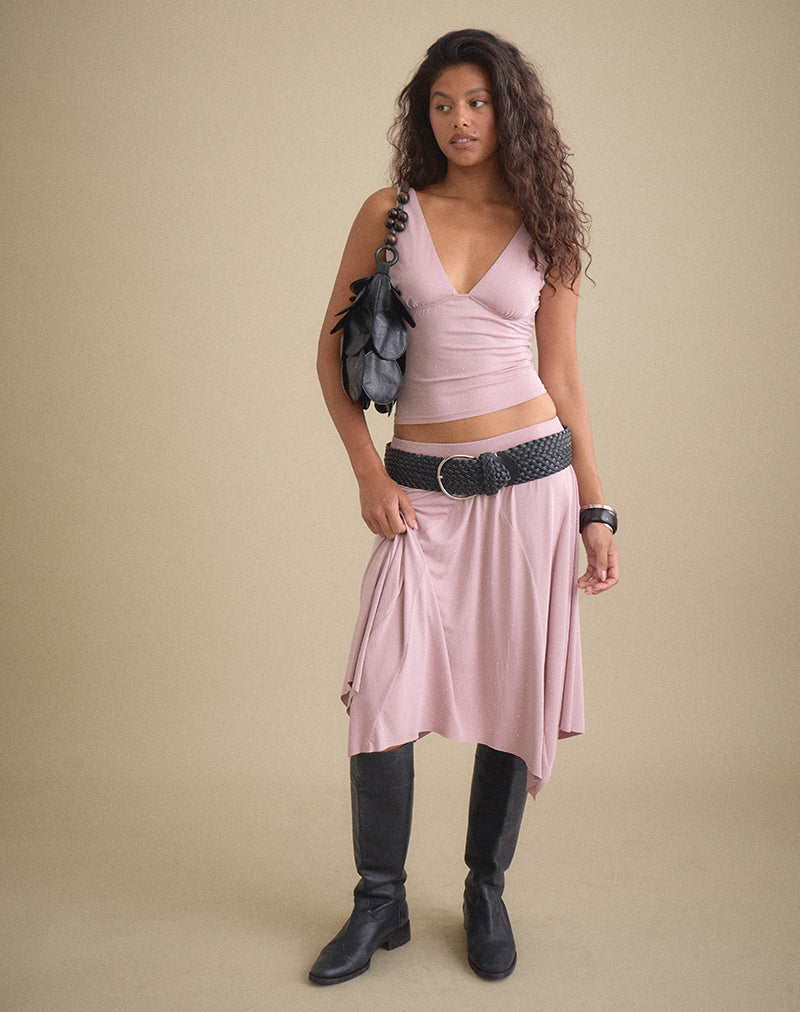 Kaulu Midi Skirt in Cupro Dusty Pink with Rhinestones