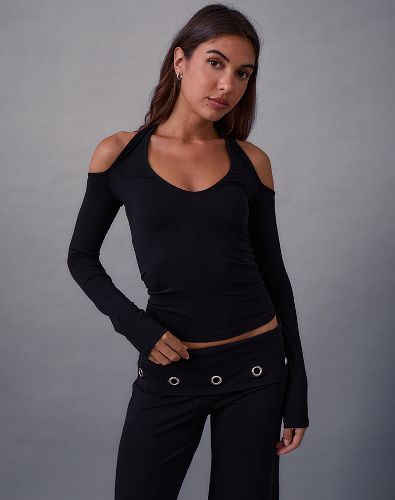 Melton Long Sleeve Halter Top in Rayon Jersey Black