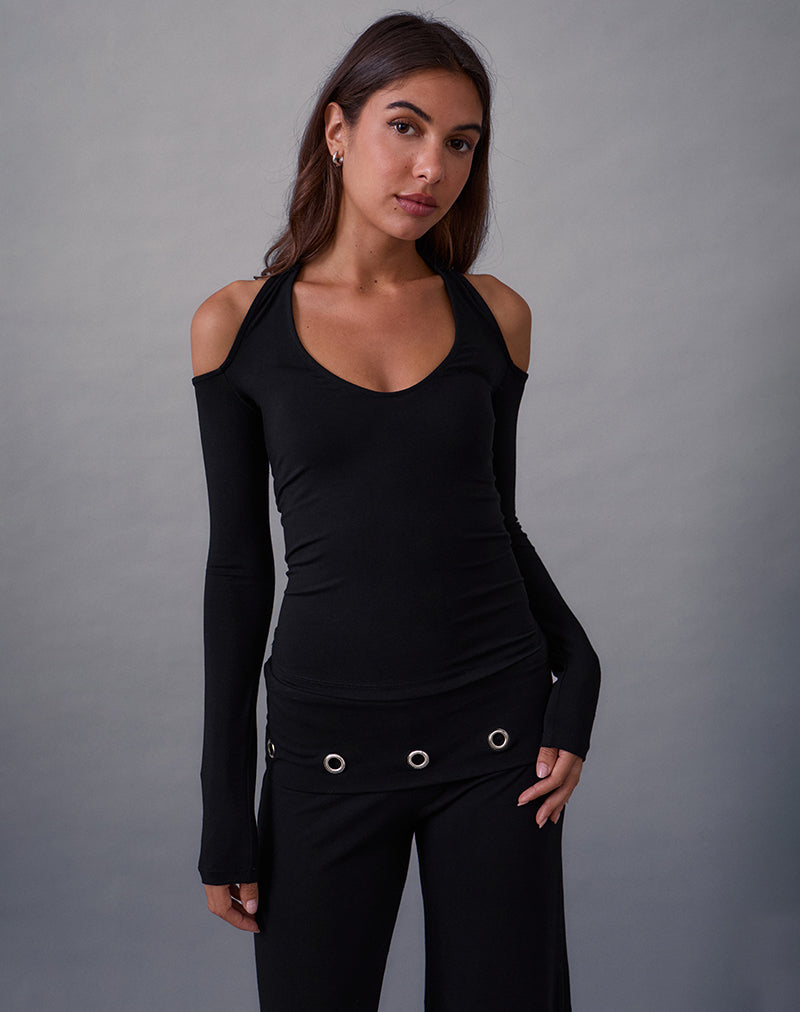 Image of Melton Long Sleeve Halter Top in Rayon Jersey Black