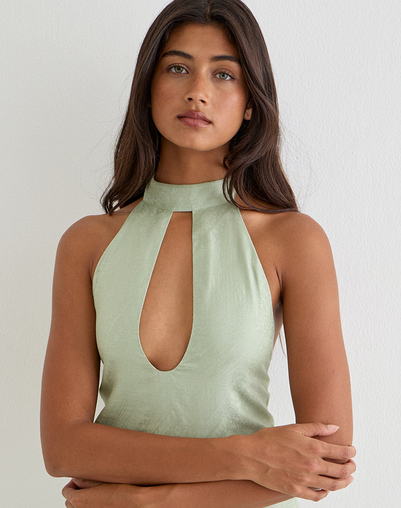 Olive Shimmer Chiffon High Halterneck Top with Keyhole | Memayu