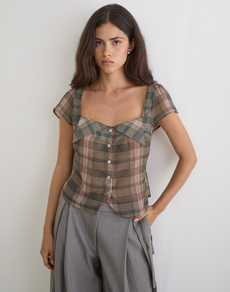 Brown and Pink Blurry Check Blouse Top | Meraki – motelrocks-com-us