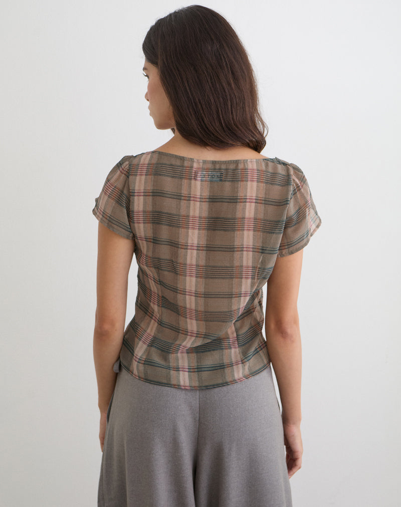 Brown and Pink Blurry Check Blouse Top | Meraki – motelrocks-com-us