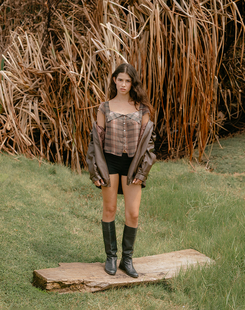 Meraki Blouse Top in Brown and Pink Blurry Check