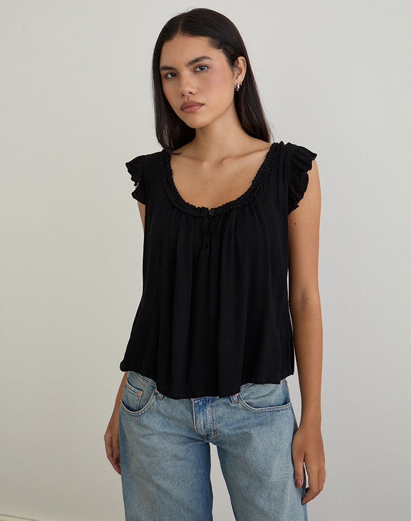 Merisso Scoop Neck Keyhole Top in Black