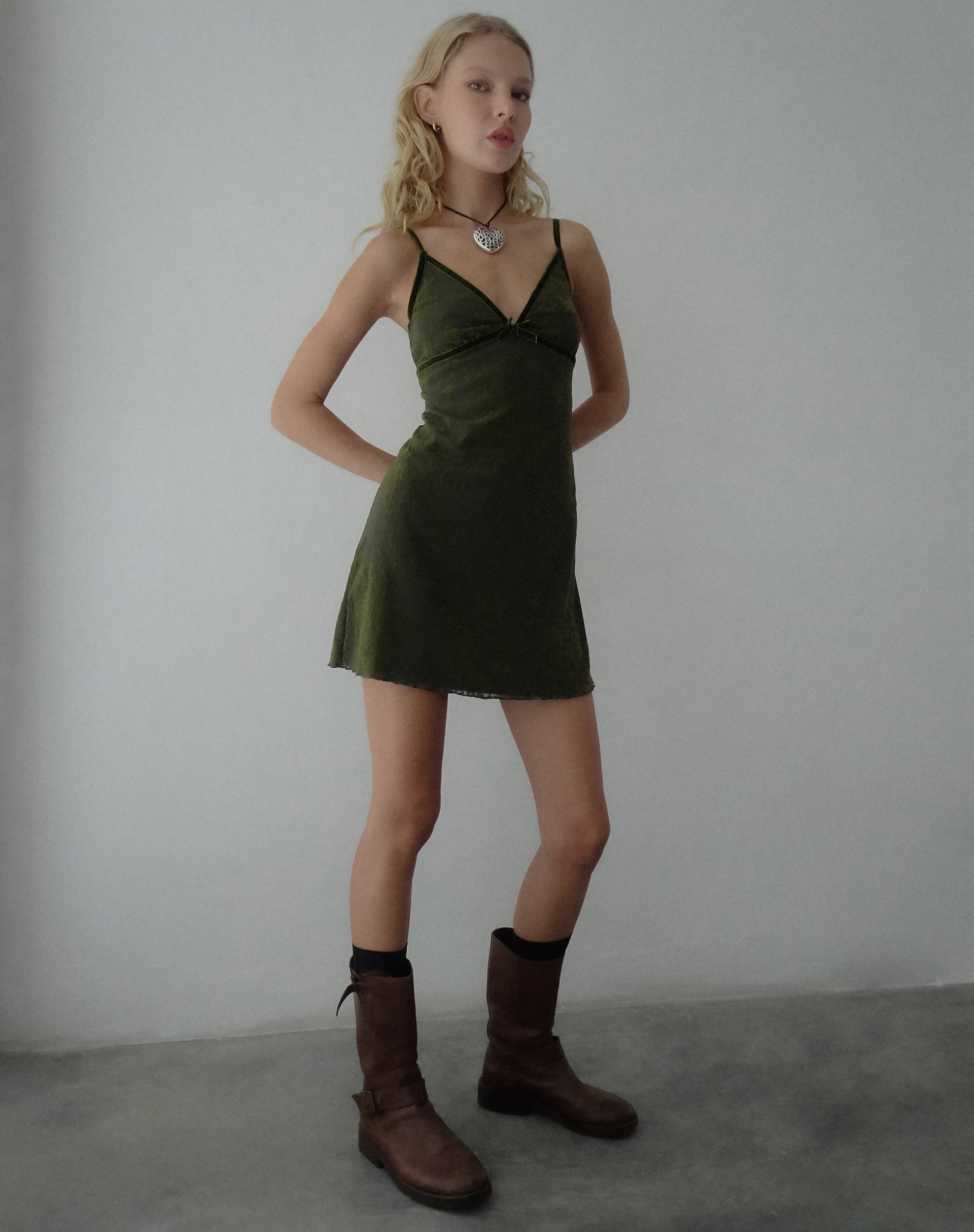 Image of Mevila Mini Dress in Abstract Botanic Dark Olive