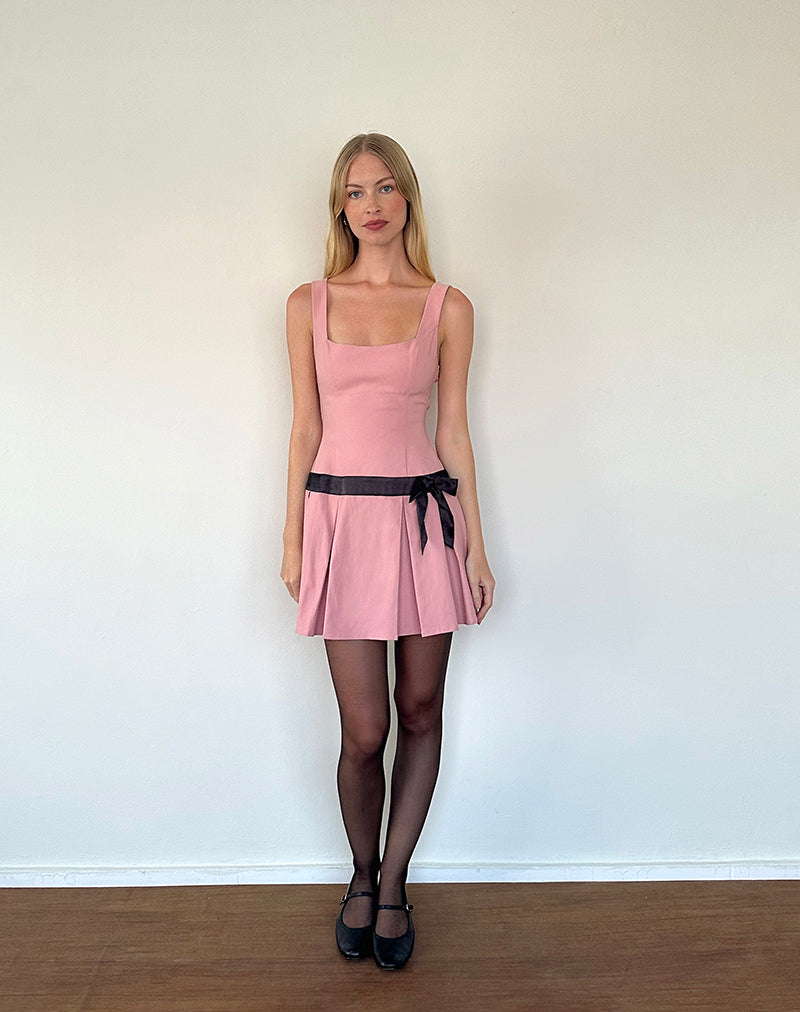 Michelia Mini Dress in Pink with Black Bow motelrocks-com-us Michelia Mini Dress in Pink with Black Bow motelrocks-com-us