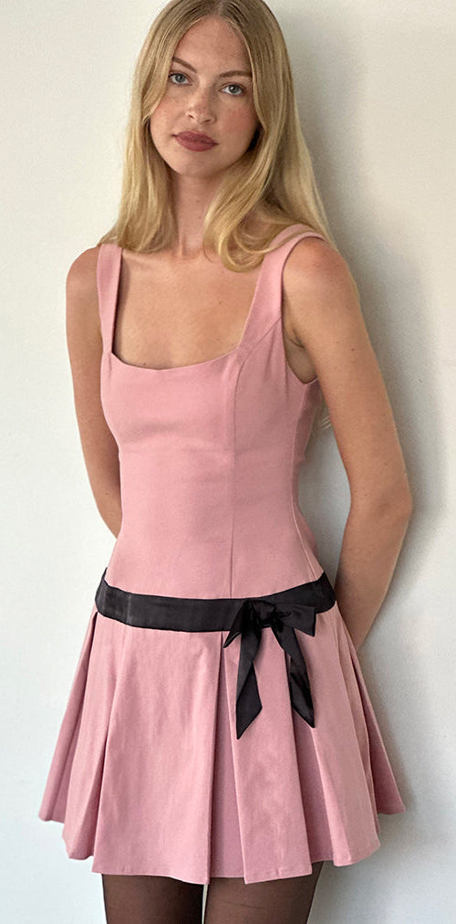 Image of Michelia Mini Dress in Pink with Black Bow