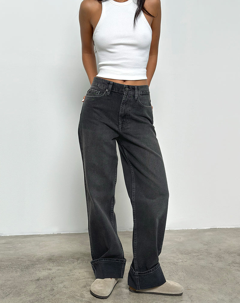 Black Grey Washed Turnup Straight Leg Jeans | Midrise