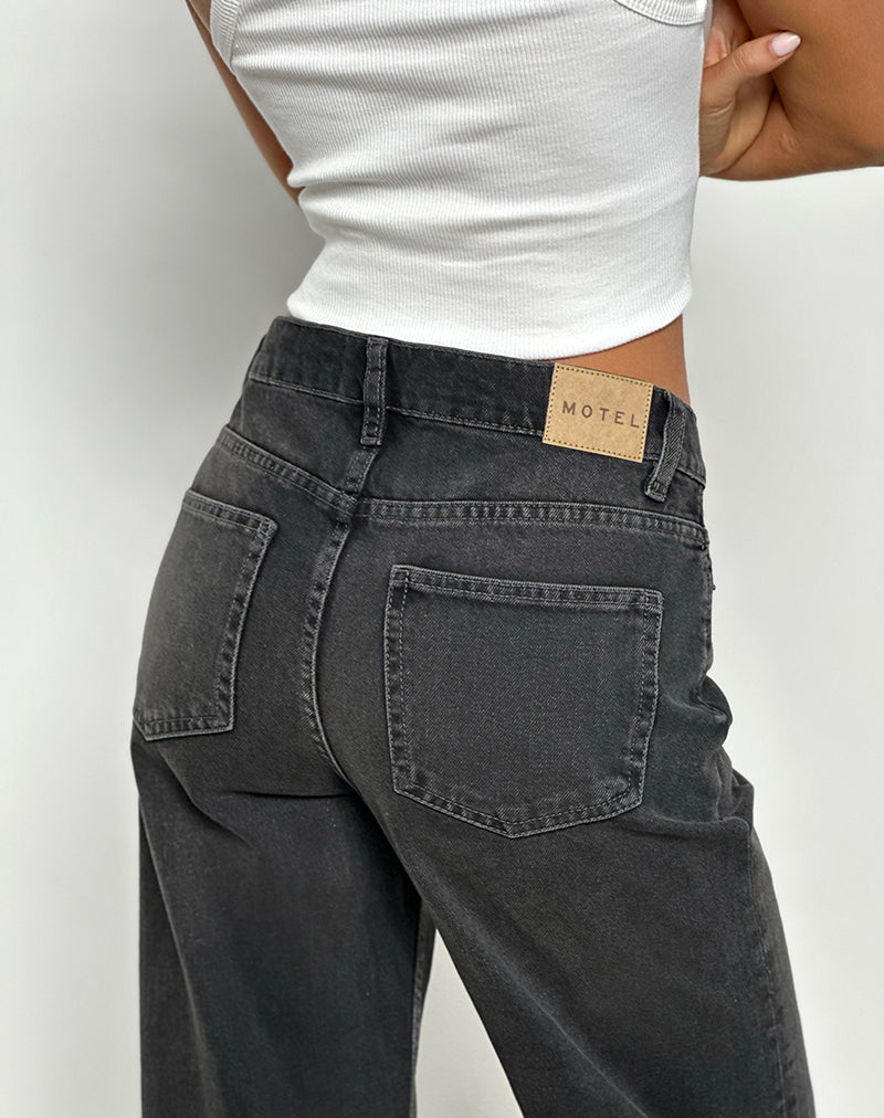 Image of Mid Rise Turn Up Straight Jeans in Washed Black Grey