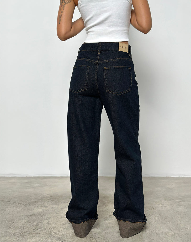 Image of Mid Rise Turn Up Straight Jeans in Indigo