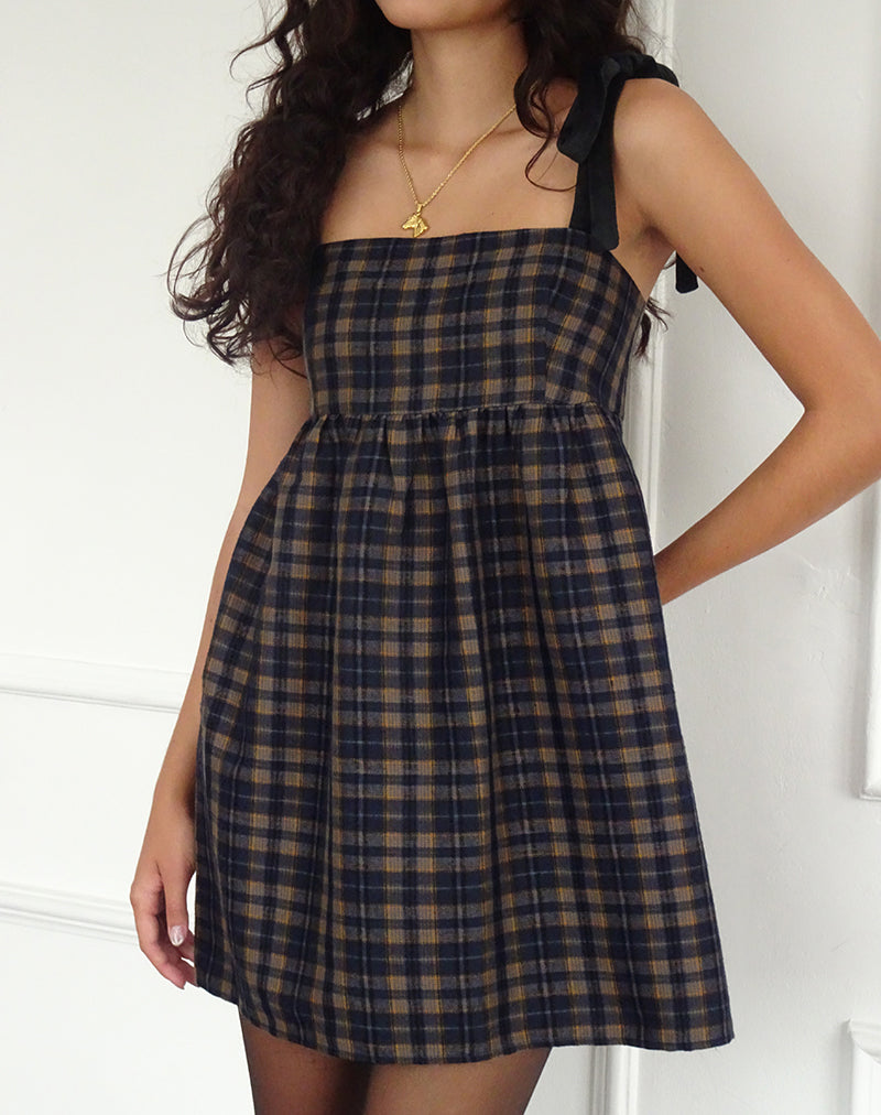 Mikayla Square Neck Mini Dress in Navy and Mustard Check