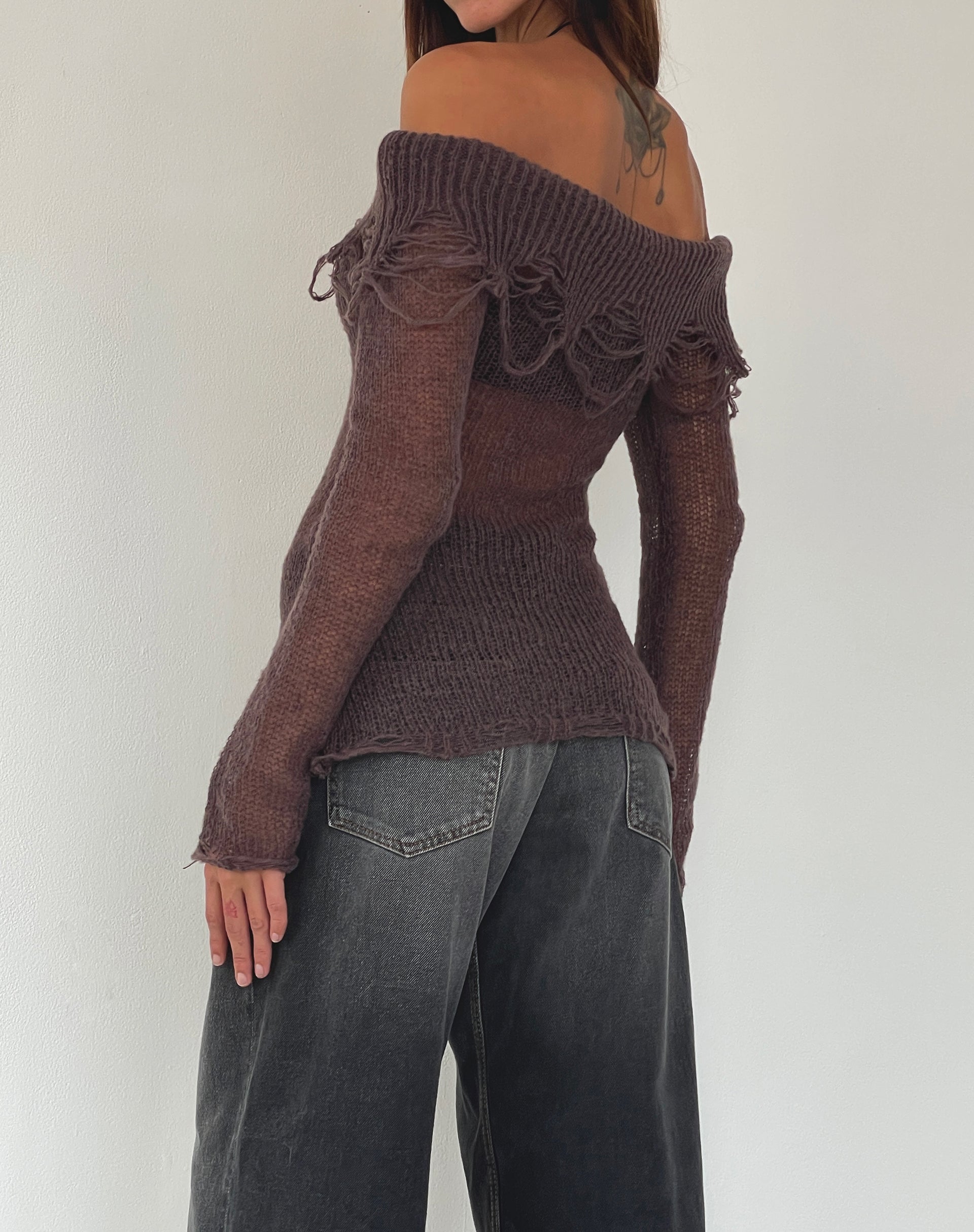 Milena Distress Knit Long Sleeve Bardot Top in Maroon