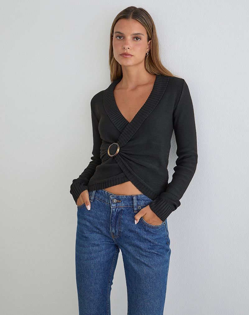 Minara Top with Resin Buckle in Knit Black