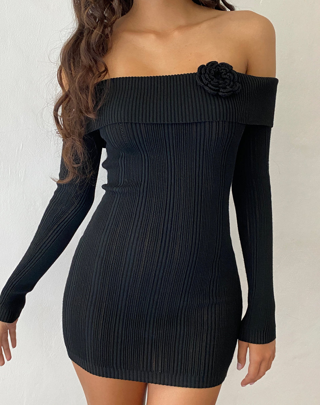 Mirabel Knitted Bardot Mini Dress in Black with Rosette
