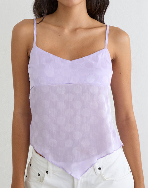 Lilac Purple Polka Printed Chiffon Cami Handkerchief Hem Top