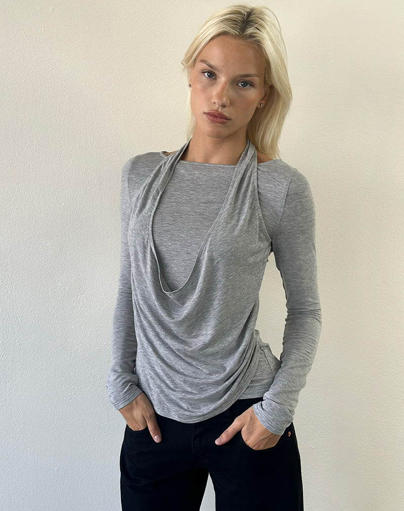 Image of Miri Long Sleeve Cowl Halter Top in Jersey Grey