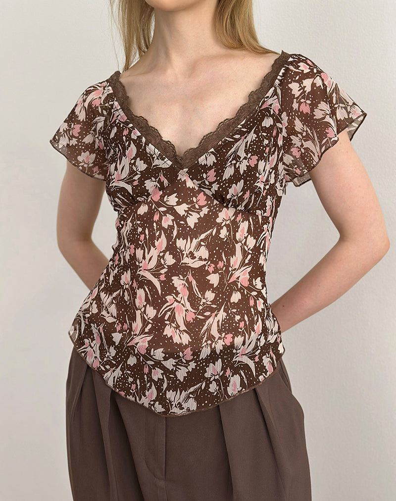 Image of Misaki Top in Chiffon Polka Flower Brown
