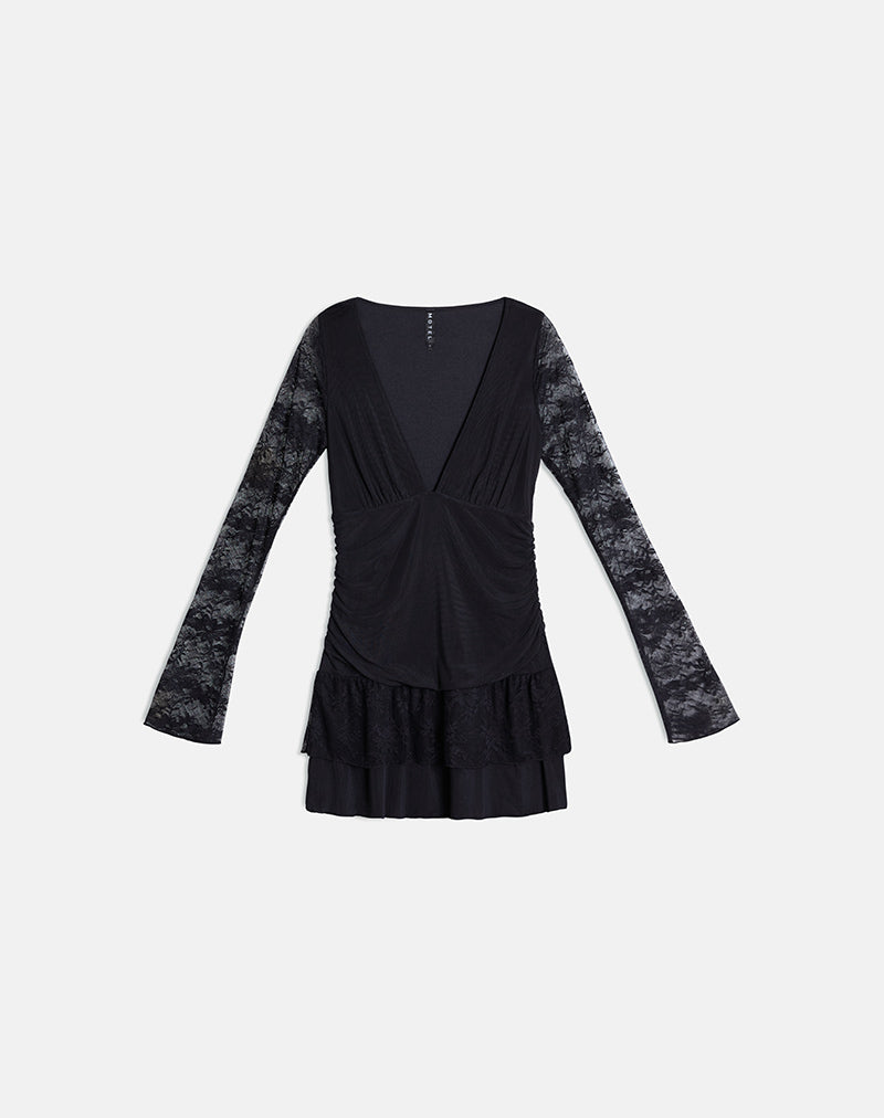 Image of Mishal Long Sleeve Plunge Mini Dress in Lace Black